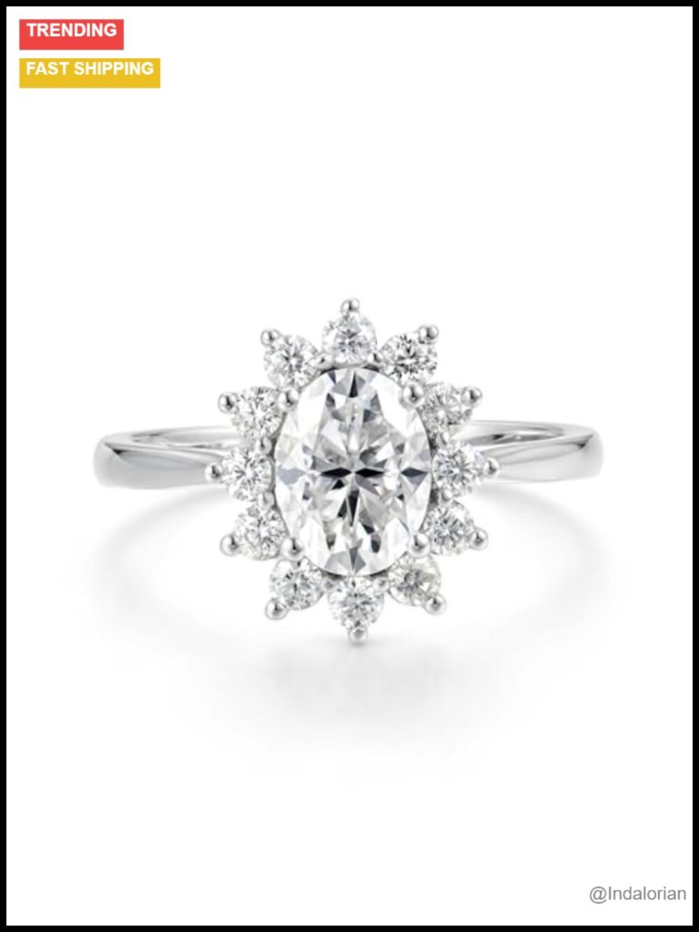 Oval Halo Moissanite Engagement Ring 925 Sterling Silver 18K White Gold Plated